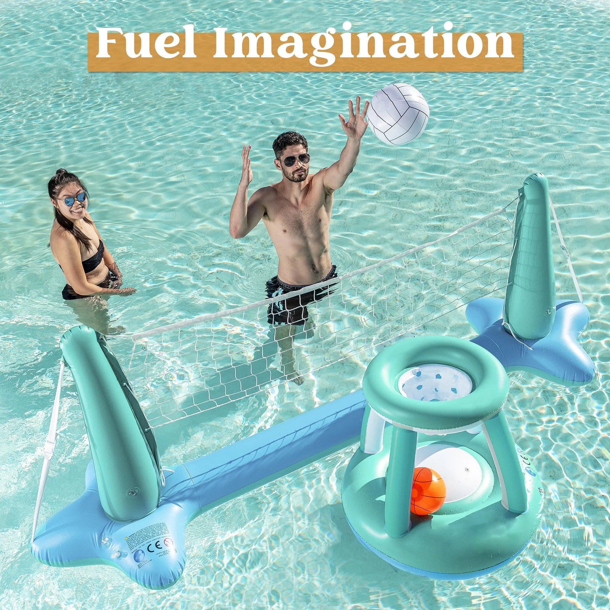Inflatable Pool Float Game Set with Inflatable Volleyball Net & Basketball Hoops, Summer Pool Game for Kids and Adults - Blue