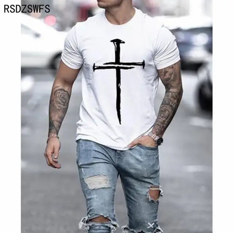 Men'S Jesus Christ Cross 3D Printed T-Shirt Summer Casual All-Match Fashion Short-Sleeved Oversized round Neck Streetwear