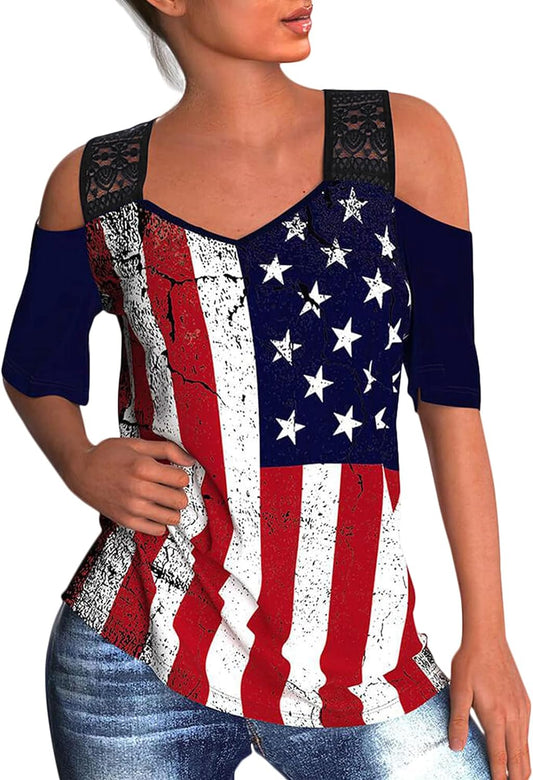 4Th of July Bleached Shirts Women American Flag Tops Cold Shoulder Patriotic USA Blouse Tee