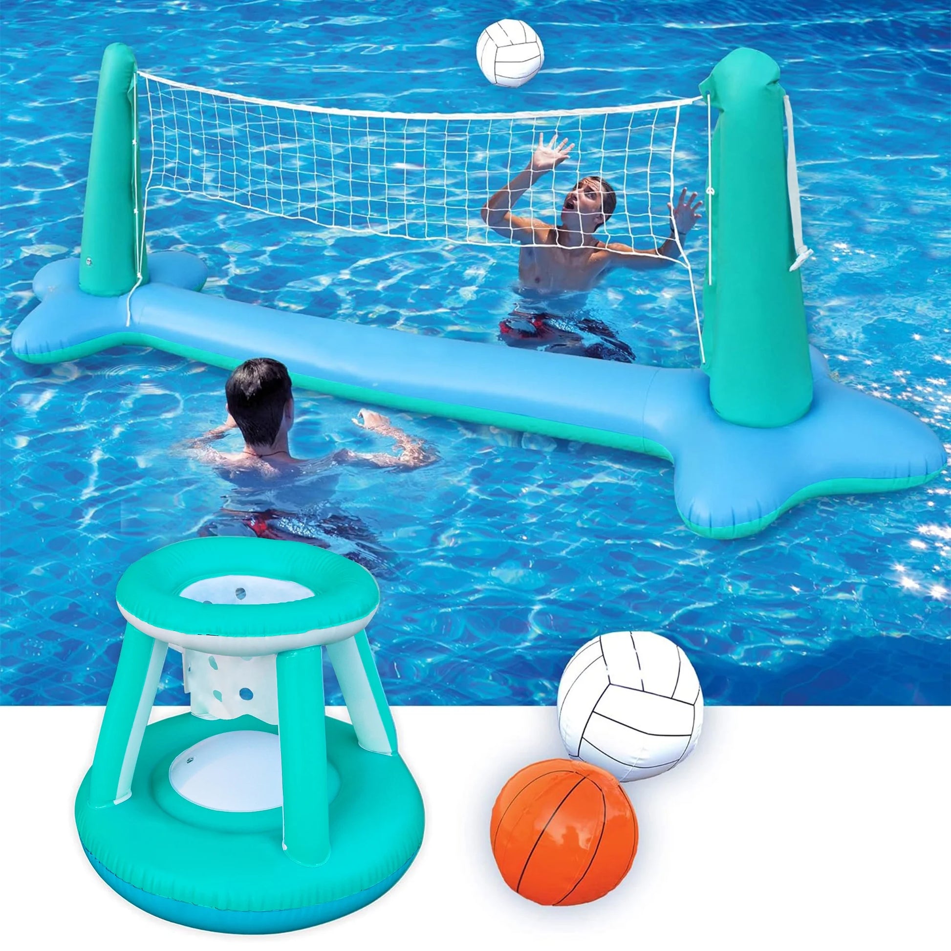 Inflatable Pool Float Game Set with Inflatable Volleyball Net & Basketball Hoops, Summer Pool Game for Kids and Adults - Blue